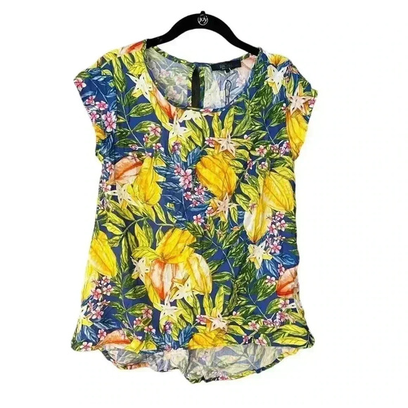 Rachel Roy Tropical Floral Print Cap Sleeve Blouse Summer Top Navy Yellow XS D17 - Picture 1 of 6